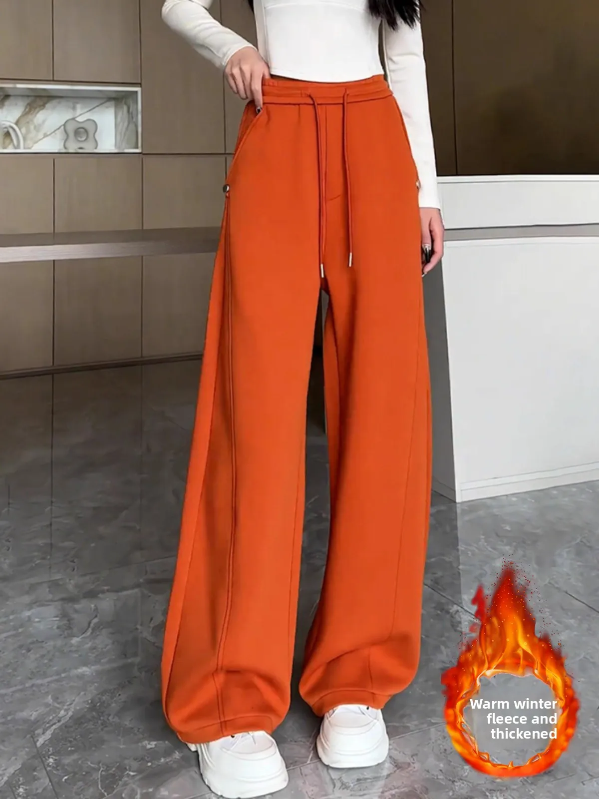 

Осенне-зимние оранжевые брюки Moon Pants для женщин: повседневные широкие драпированные брюки с высокой талией, корейский стиль, прямой крой, облегающие