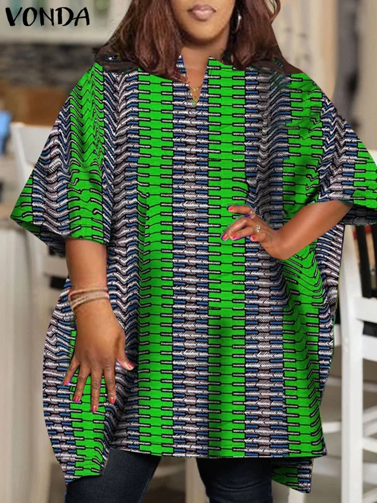 VONDA 夏の女性ブラウス 2025 半袖トップスヴィンテージプリントブラウスボヘミアン V ネック Blusas カジュアルルーズシャツ特大