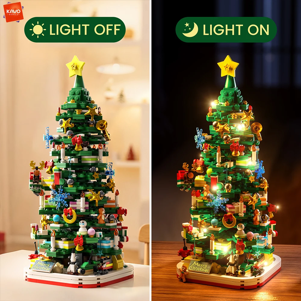 KAVOWORLD 1156PCS Christmas Tree Building Blocks Set with LED Lights Creative Xmas Desktop Decor Bricks Toy Holiday Gift for Boy