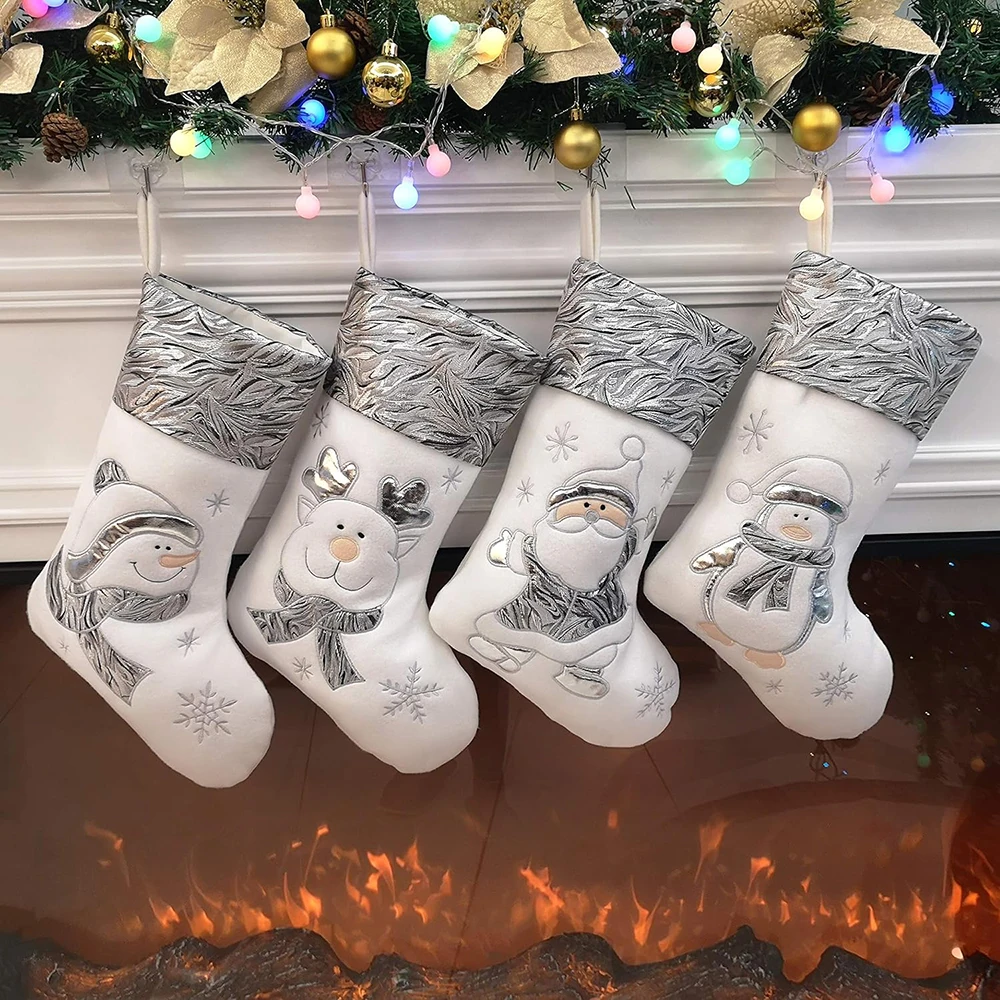 4 Pcs/set Silver Christmas Stockings Soft Candy Bag Santa Claus Animals Socks for Assorted Xmas Tree Hanging Decor Gifts Kids