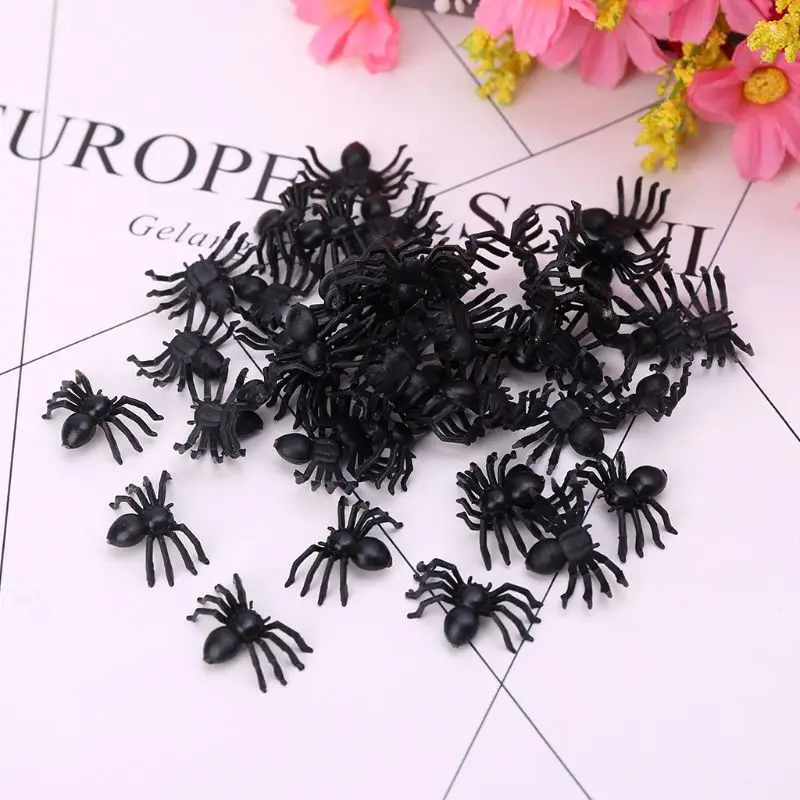 50Pcs Small Black Plastic Fake Spider Toys Funny Joke Prank Props Halloween Decor Indoor Outdoor