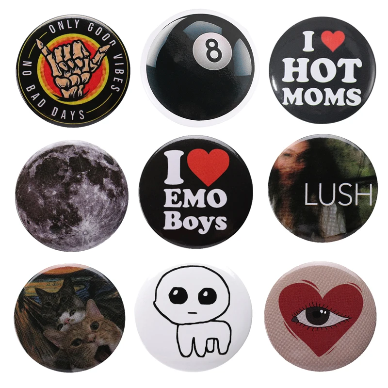 31 Types Cartoon Tinplate Pins Custom Soft Button Brooches I Love Emo Boys Cute Round Lapel Badge Backpack Collar Accessories