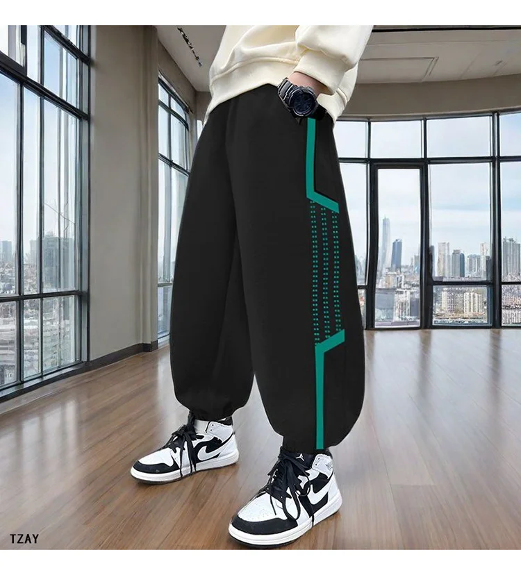 Hochwertige Jungen-Sporthosen, koreanische Kinderhosen mit Seitenstreifen, grau-schwarze lässige Baumwoll-Teenager-Jogginghosen, Kinderkleidung 5-14 Jahre – Detail 12