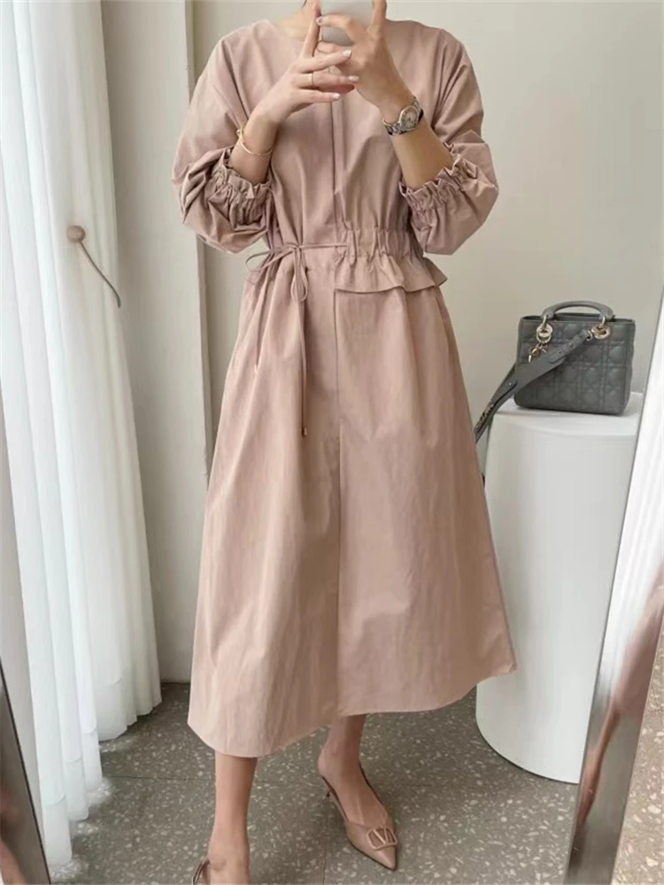 REALEFT 2024 New Lace Up Women\'s Shirts Dresses O-Neck Puff Sleeve Solid Casual Loose Straight Long Dresses Female Spring Autumn