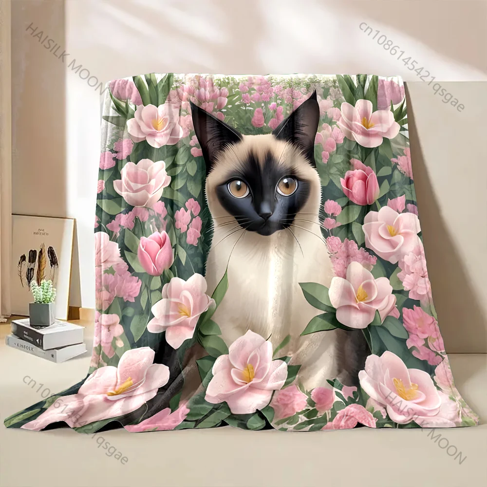 Multi-size Cat and Pink Roses Pattern Blanket Flannel Material Soft Warm for All Seasons Home Outdoor Camping Picnics RV