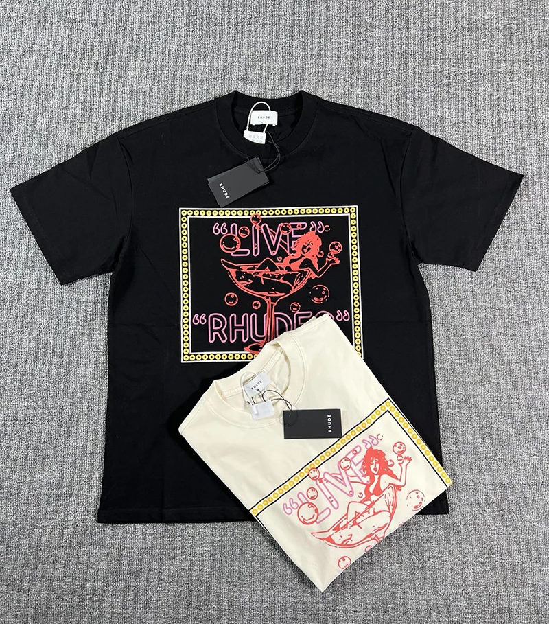 

2026 New RHUDE Men's T-Shirt Letter Printing Print Casual Loose Short Sleeve Streetwear High Quality Top