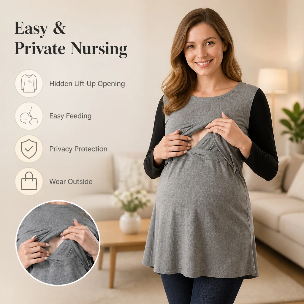 Leopard Patchwork Maternity Nursing Top Long-Sleeve Cotton Blend Breastfeeding Tunic Shirt with Pocket for Pregnant Women