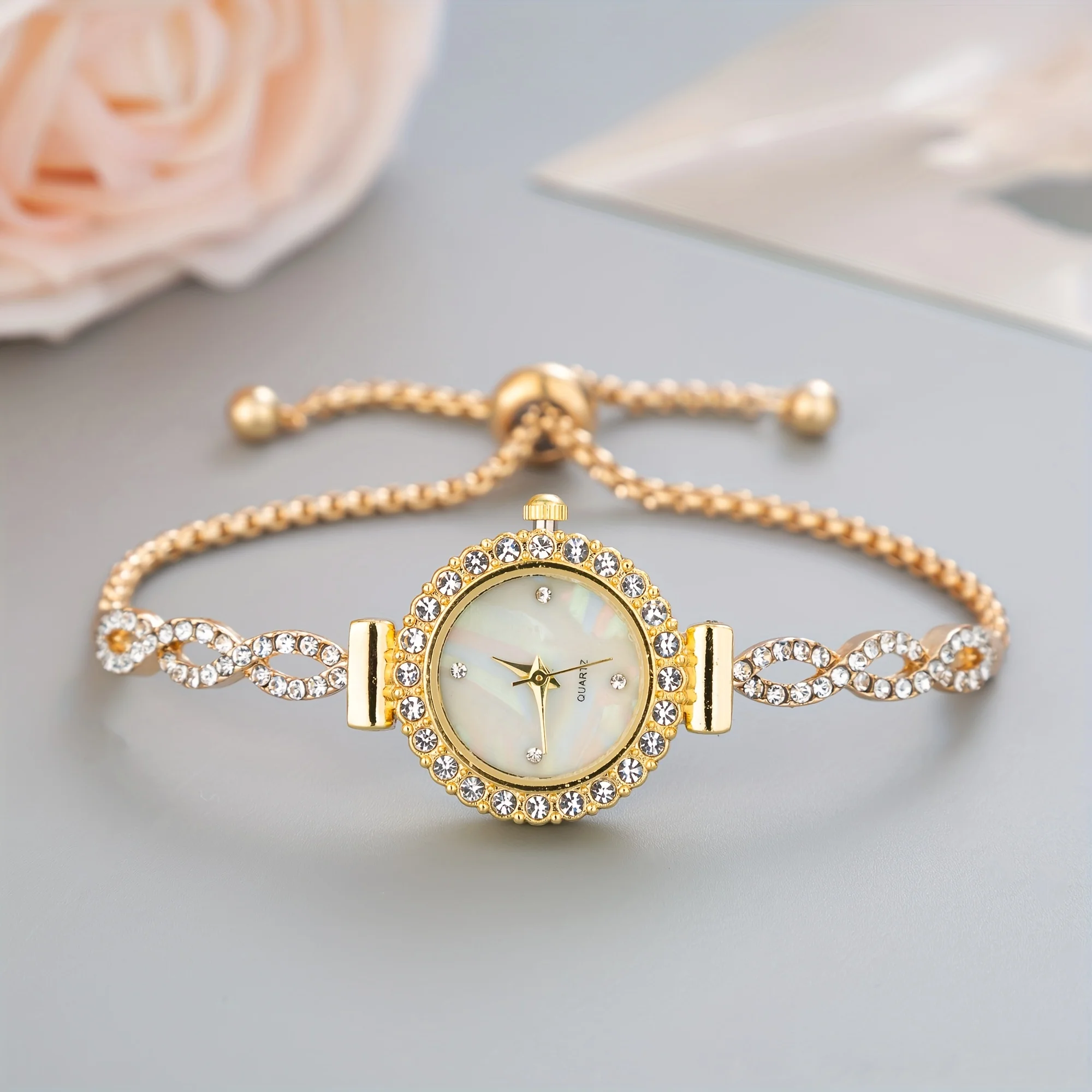 Women\'s Watch Luxury Rhinestone Quartz Bracelet Watch Elegant Iridescent Dial Analog Wrist Watch