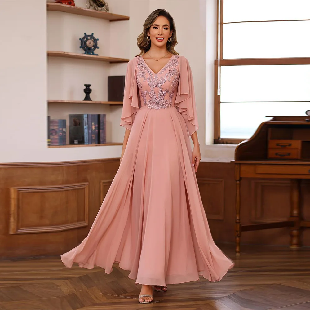 

Customized Exquisite Chiffon Mother of The Bride Dress V Neck A Line 2025 Lace Applique Long Formal Party Dress with Jacket