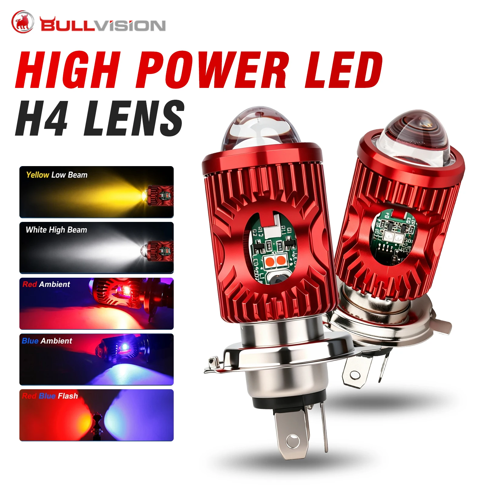 1PCS H4 Motorcycle LED Headlight - 5 Lighting Modes Fog Lights,Mini Driving Spotlight with Hi/Low White&Yellow Strobe, Angel Eye