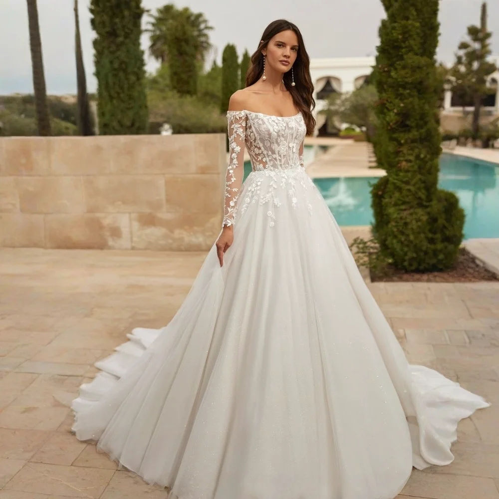 Amazing Sweetheart Ivory Wedding Dresses Appliques  Off Shoulder Detachable Long Sleeve A-Line Bridal Gown Customized