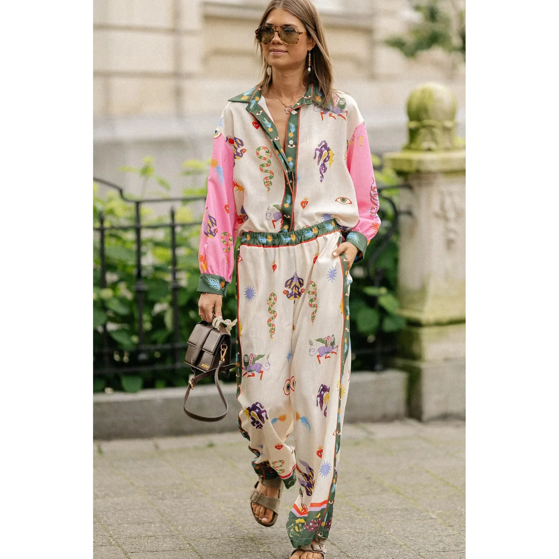 Women's Spring and Fall  S-XL Size New Long Sleeve Pocket Abstract Print Set INS Loose Casual Fashion Slimming Versatile New