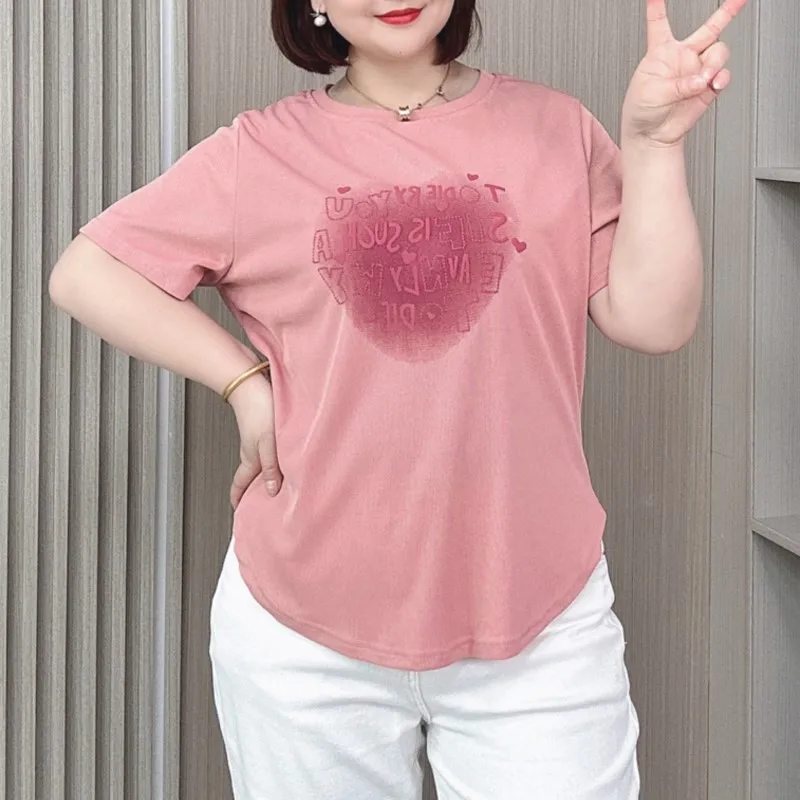 Camiseta feminina de manga curta com gola redonda, tops básicos de gelo casual fino solto, plus size, verão, nova, 2024