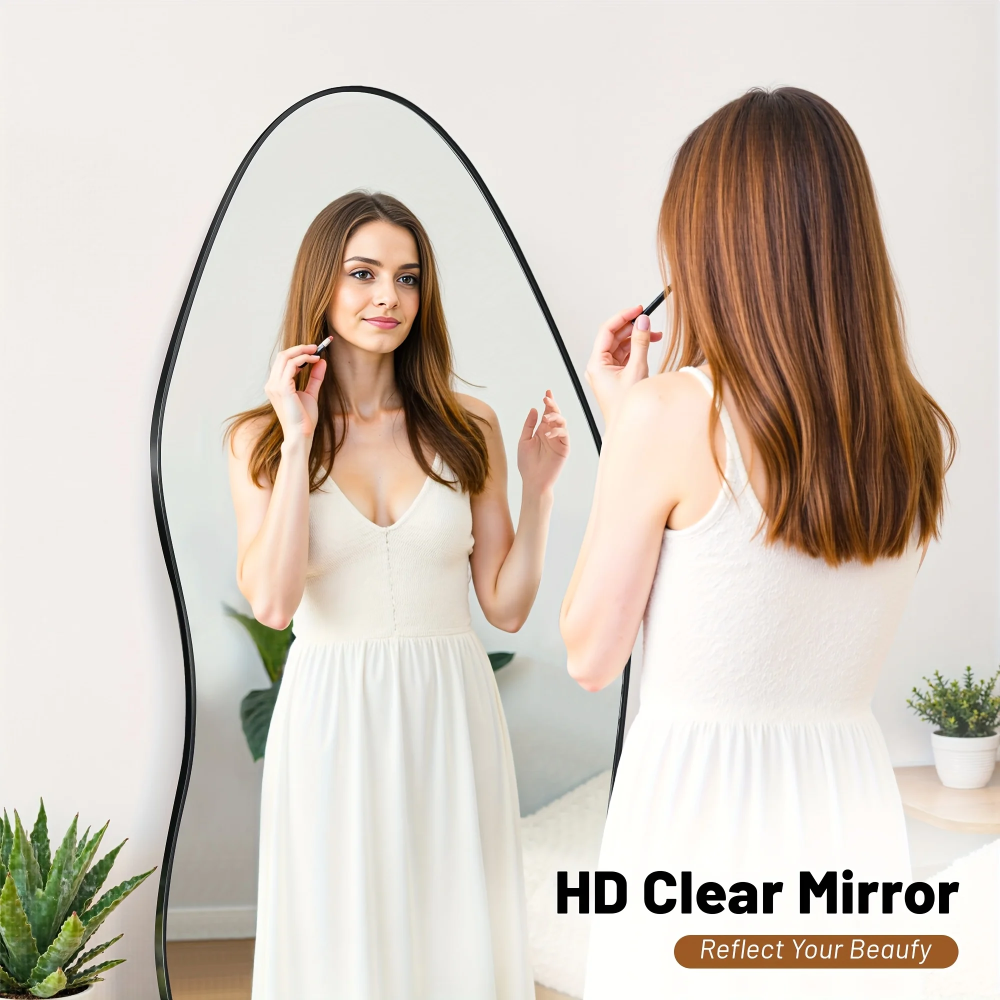 Full-Length Floor Mirror with Wavy Silhouette – 76×36 in or 81×41 in Adjustable Height Stand, Brushed Metallic Frame & Clear Tempered Glass Surface for Bedroom, Living Room or Entryway Decor view 2