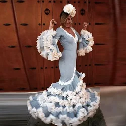 Tiered Ruffled Long Sleeves Evening Gowns Saudi Arabia Formal Party Dress Robe De Soiree Gorgeous V Neck Mermaid Prom Dresses
