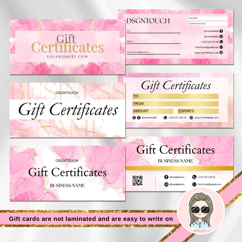 DSGNTOUCH Custom Pink Gold Gift Certificate Card Printing 300gsm Art Paper 2 Sizes Available For Business Loyalty Program