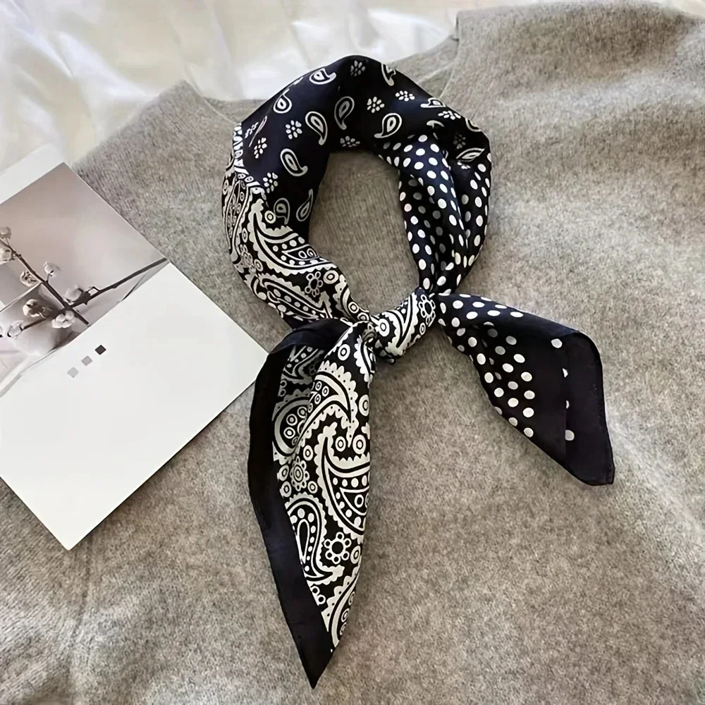 Luxury Polka Dot Paisley Print Square Scarf Black White Thin Decorative Neck Scarf Hairbands Sunscreen Headscarf For Women