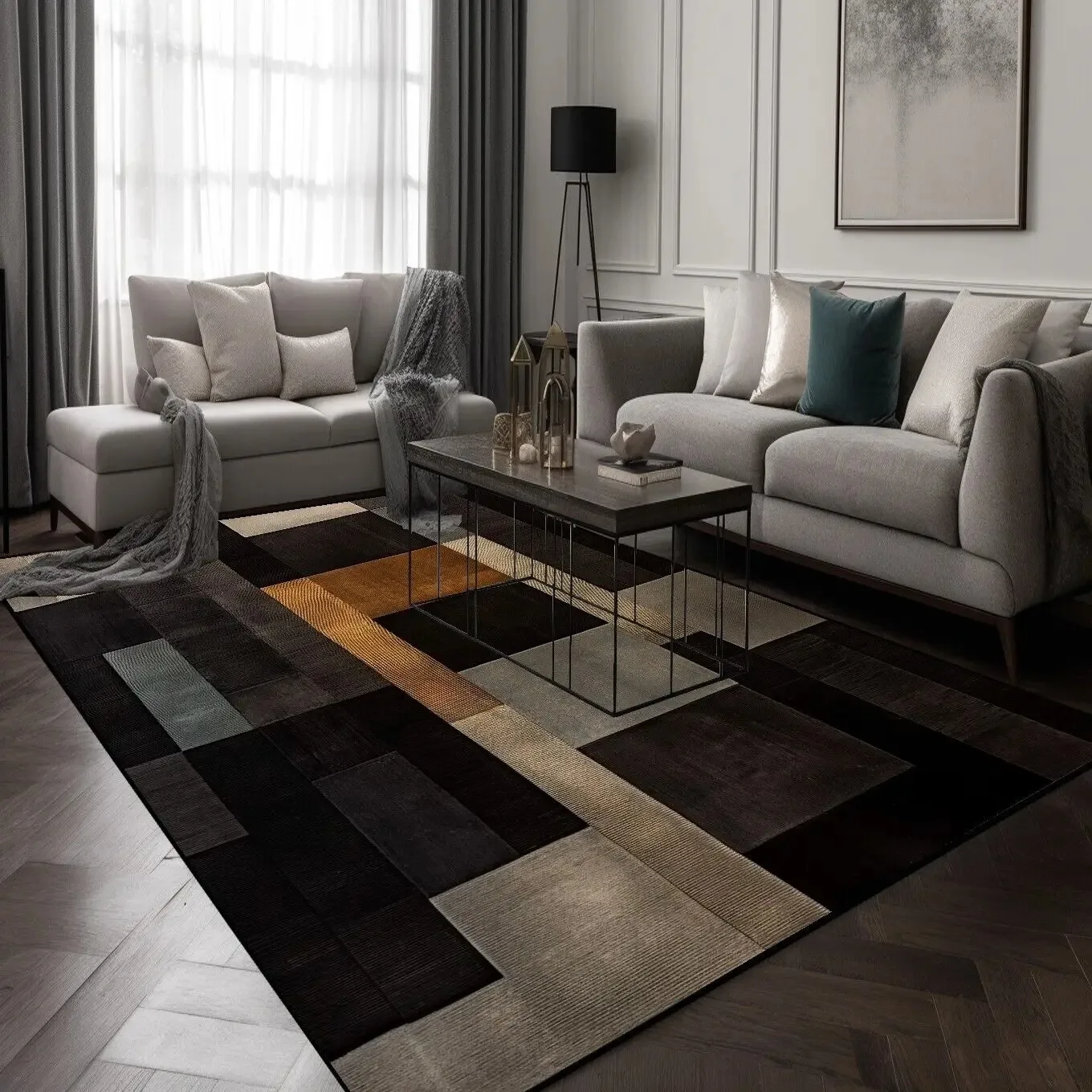 Dark Patchwork Block Area Rug Black Brown Beige Wood‑Tone Geometric Print Non‑Slip Soft Living Room Bedroom Floor Carpet