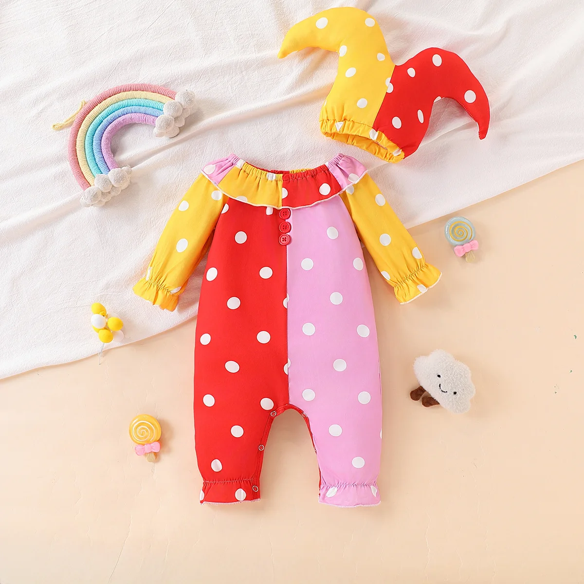 

Детский комбинезон в стиле клоуна на Хэллоуин со шляпой, детский красный комбинезон клоуна