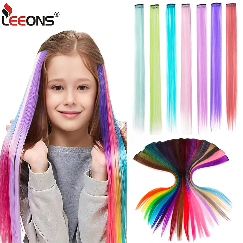 Straight Colored Hair Piece Hair Extensions Clip In Highlight Rainbow Hair Pink Blue Purple Synthetic On Clips For Women Girls