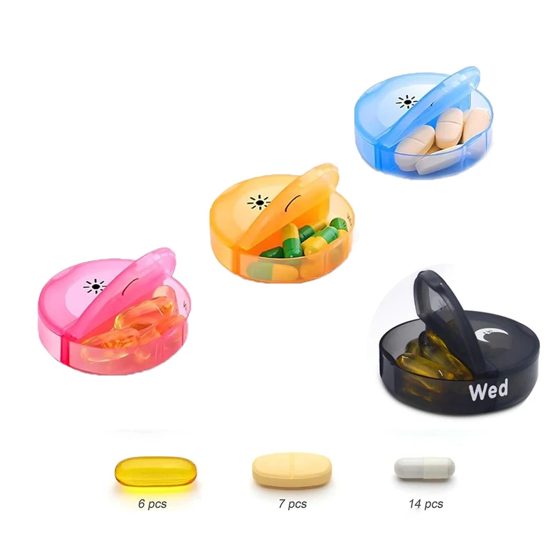 Round Mini Travel Moisture-proof Pill Box Portable Weekly Morning and Evening Divided Plastic Pill Boxes