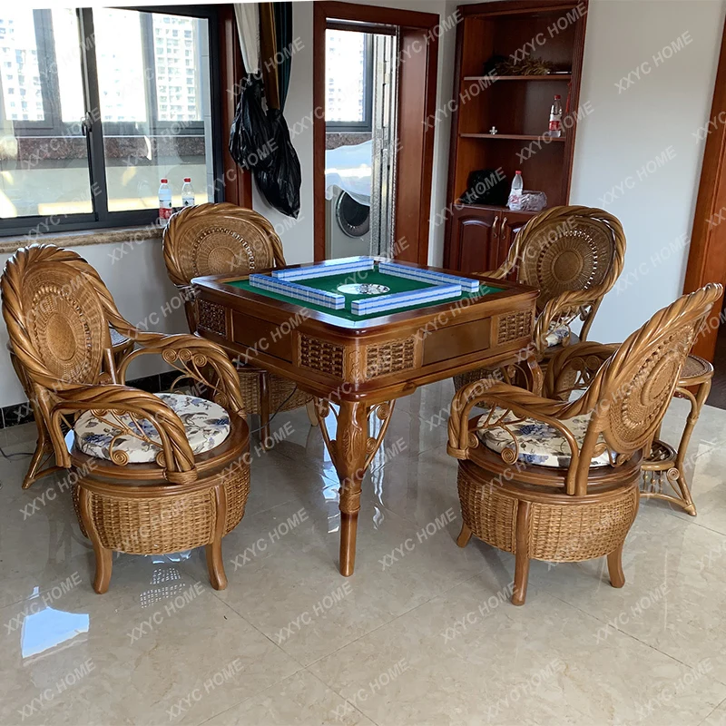 

High-End Rattan Solid Wood Electric Automatic Mahjong Machine Mahjong Table Dining Table