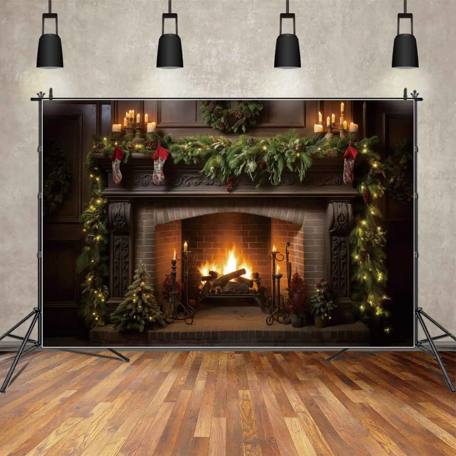 MOON.QG Photography Backdrop Christmas Decoration Brick Fireplace Pine Sock Background Garland Candles Light Up Shooting Props