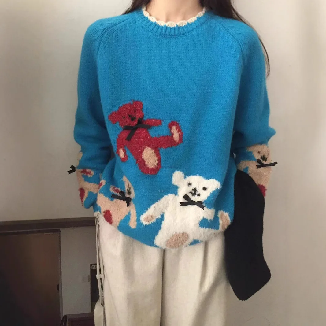 Korean  cute teddy bear embroidered sweater 2024 winter new wool knitted sweater casual loose pullover top for women