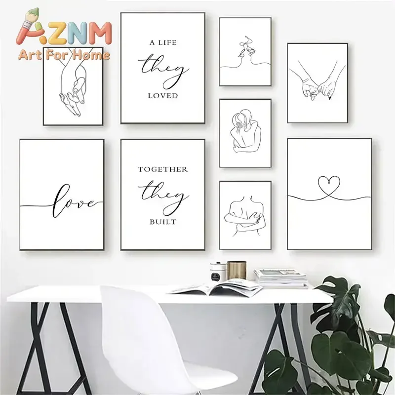 Black White Couple Line Wall Art Canvas Painting Line Drawing Hand Love Kiss Posters and Prints Nordic Picture Living Room Decor