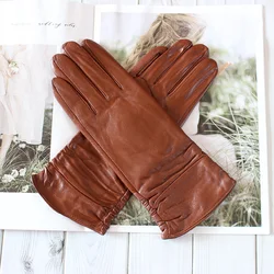Sheepskin Leather Gloves Women's Fashion Elastic Style Velvet Lining to Keep Warm in Autumn and Winter Retro Color Points