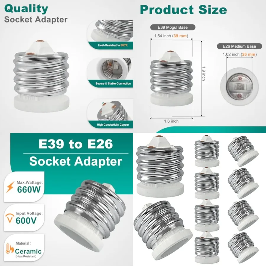 E39 to E26 Socket Converter, Ceramic Mogul E39 to Standard Medium E26 Light Bulb Adapter, Maximum 660W and 200℃ Heat-Resistant,