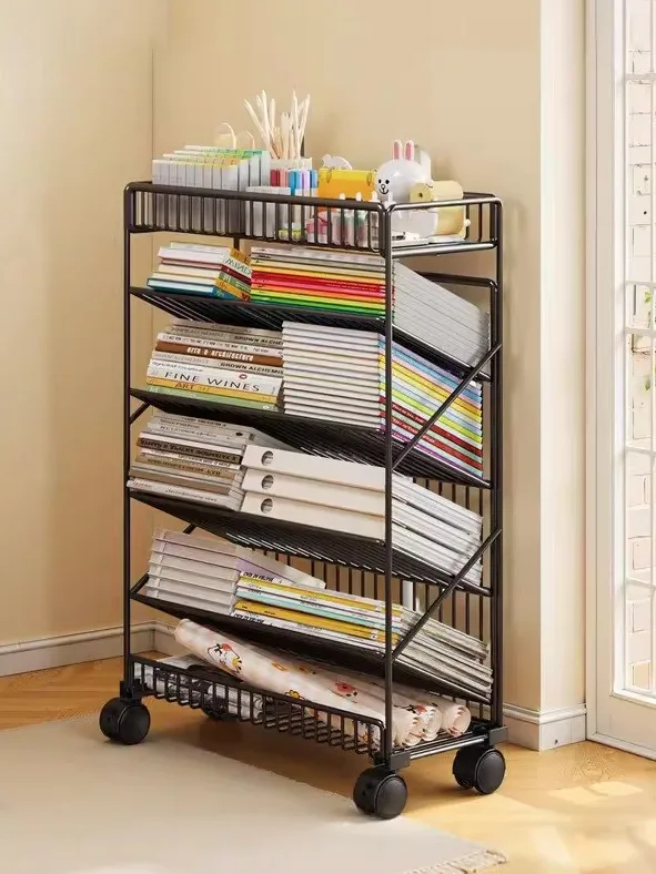 

Mobile Office Bookshelf Stand Floor Mounted Multi Layer Book Storage Rack with Wheels Small Cart Simple Style Metal Material