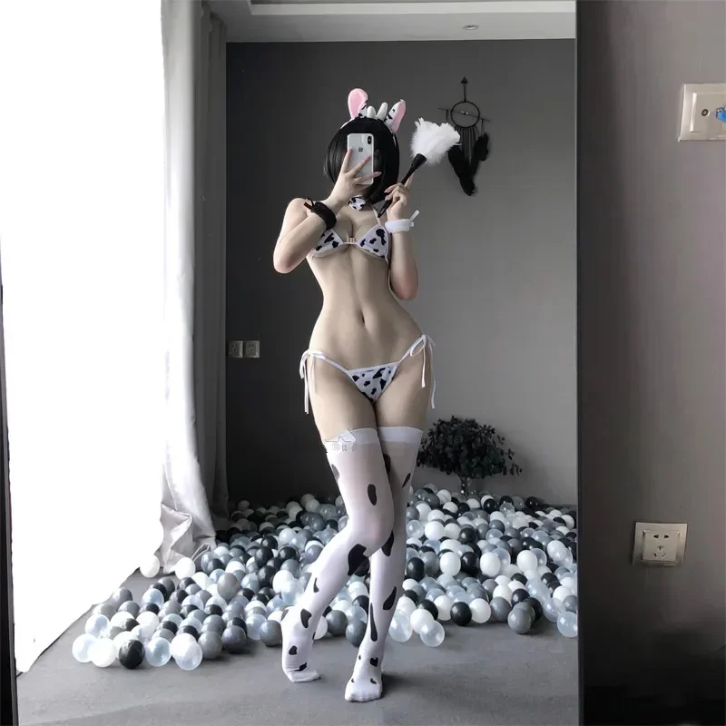 Women Cosplay lingerie underwear Lolita Bra and Panty Set Japanese Anime COS Flannel Cute Sexy Cow Lace Up Bandage Bikini Bras