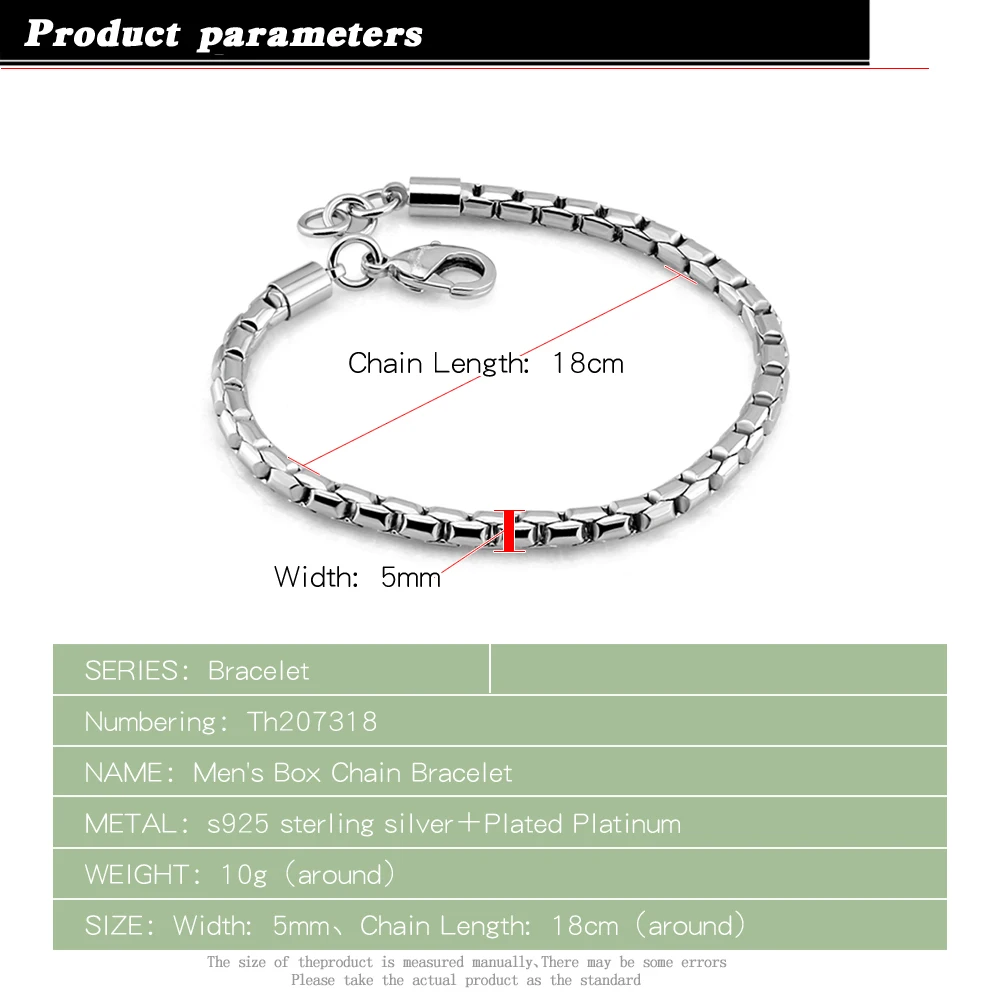 Classic Men's Fashion 925 Sterling Silver Bracelet 5MM Hip Hop Punk Box Chain Bangle 18CM Party Jewelry Birthday Gift Wholesale