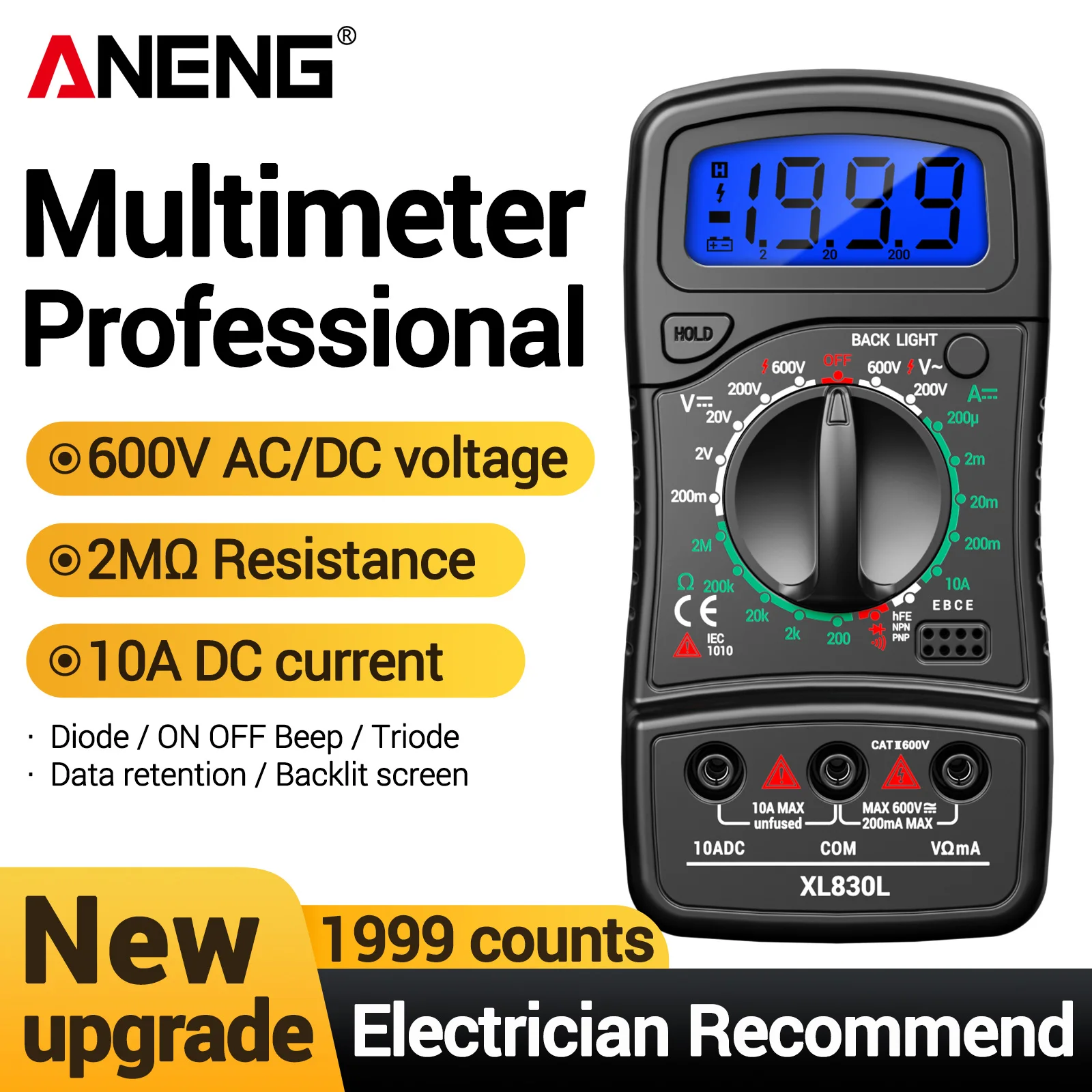 Multímetro ANENG XL830L com Luz de Fundo LCD, 1999 Contagens, Tensão AC/DC 600V, Corrente DC 10A, Resistência, Diodo, Detector HFE com Retenção de Dados