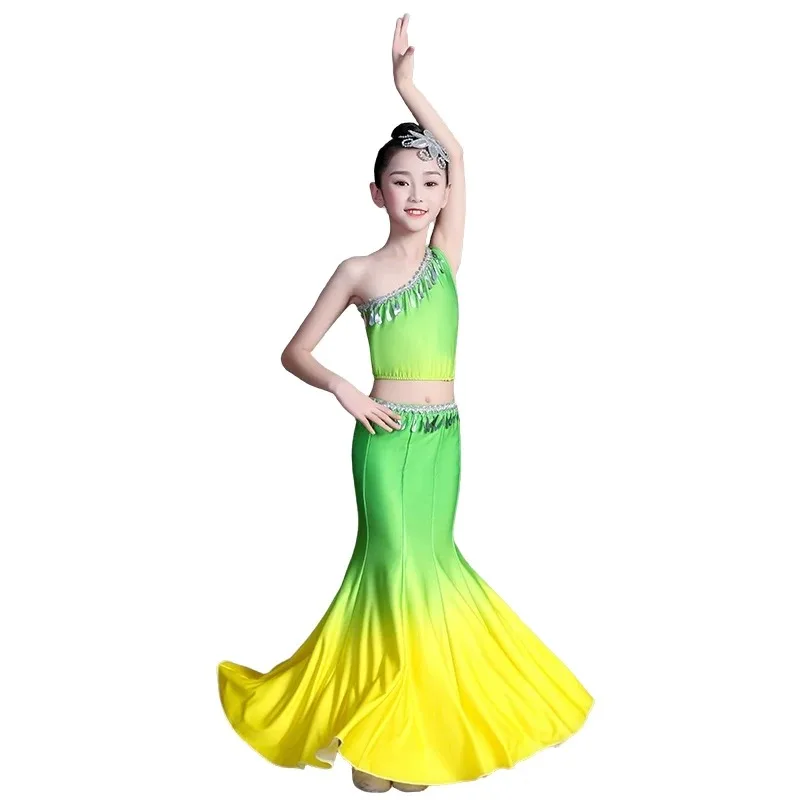 1 Set Child Minority Peacock Dance Skirts Traditional National Dai Dance Costumes Girl Classical Dance Fishtail Wrap Hip Dress