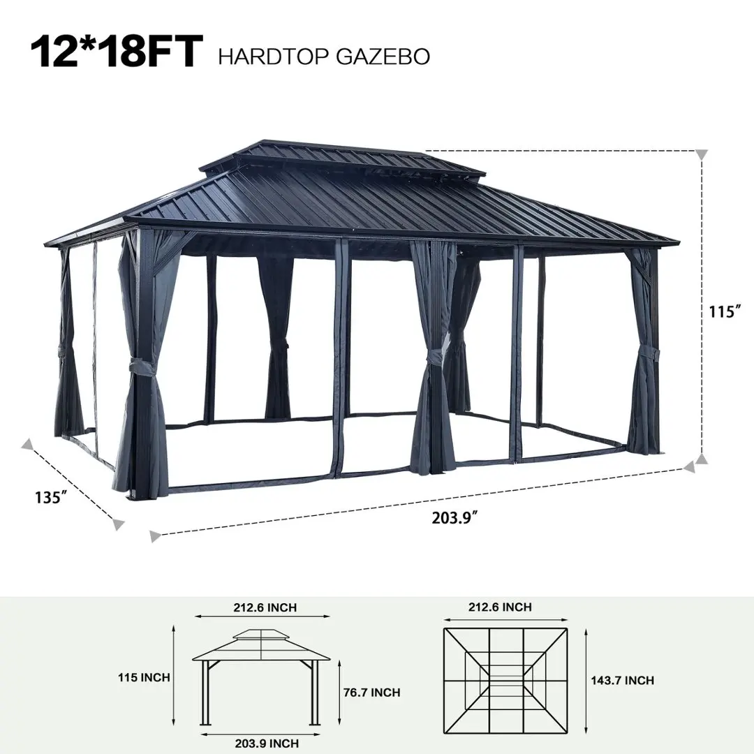 12' x 18 FT Hardtop Gazebo, Double‑Layer Roof Outdoor Patio Gazebo, Heavy‑Duty Aluminum Legs & Galvanized Steel Roof Canopy with Privacy Curtains & Netting for Backyard Lawn Garden Outdoor Events view 4
