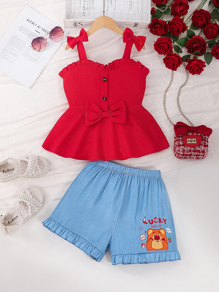 primavera-e-verao-feminino-e-infantil-casual-bonito-pastel-cor-solida-arco-listrado-regata-shorts-impressos-conjunto-de-duas-pecas