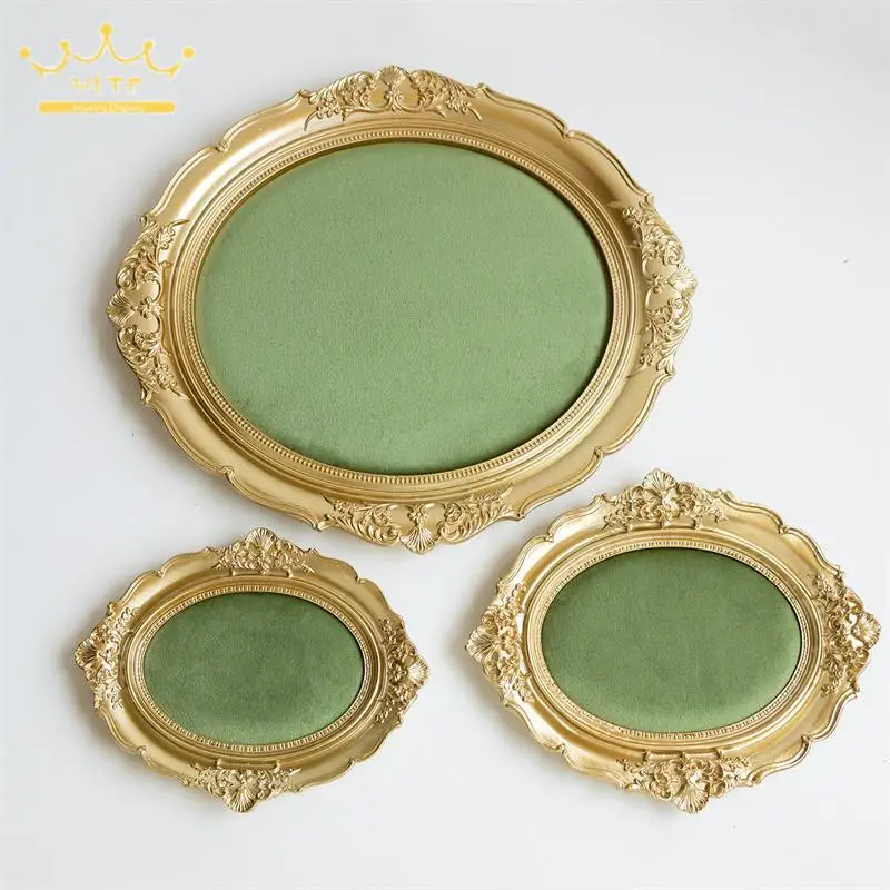 Retro Gold Resin Frame Green/beige Velvet Liner Jewelry Organizer Tray for Ring Earrings Necklace Photography Props