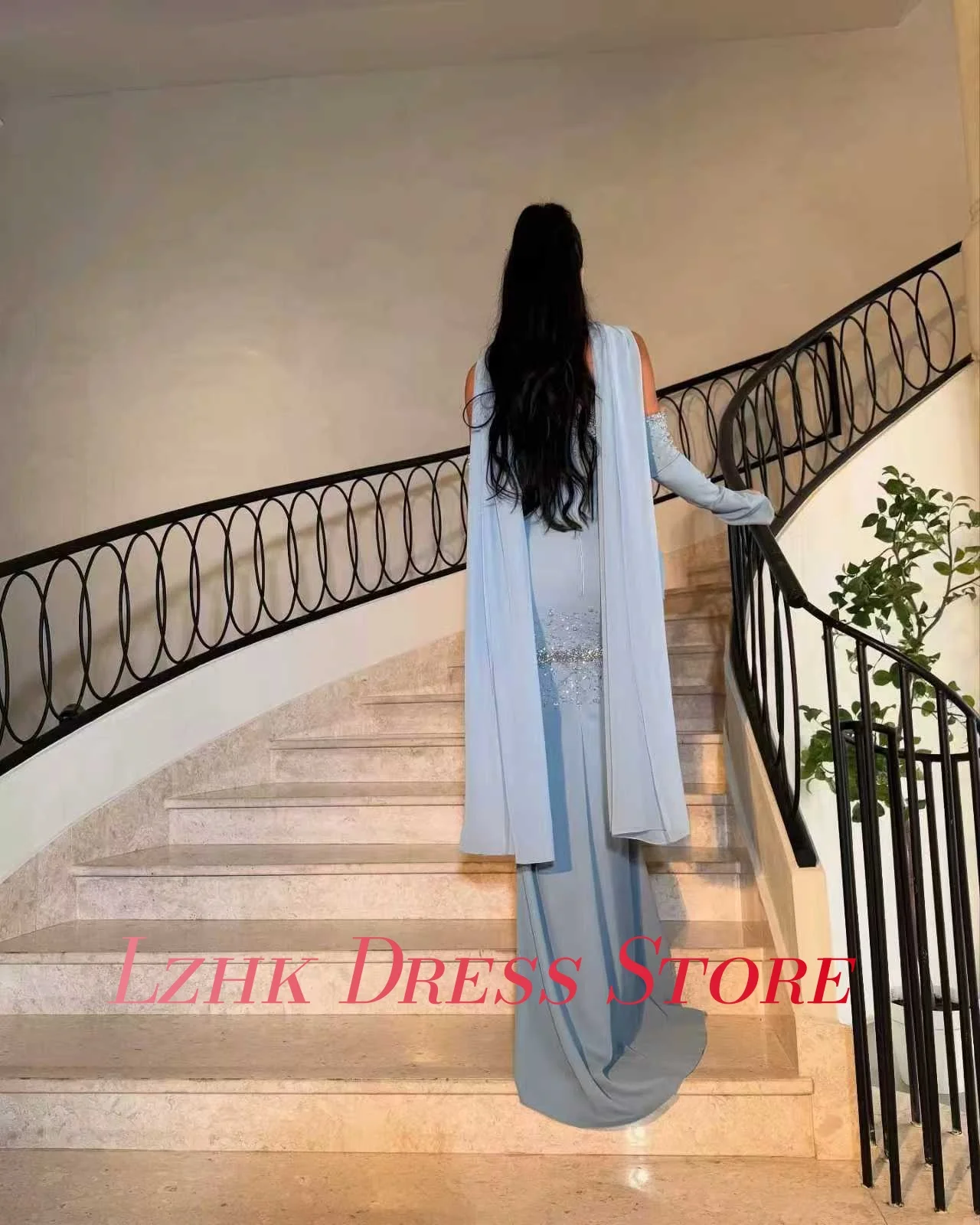 Robe de soirée de forme sirène, Jersey de luxe personnalisé, rubans en cristal, sans manches, sans bretelles, longueur au sol, robes de soirée