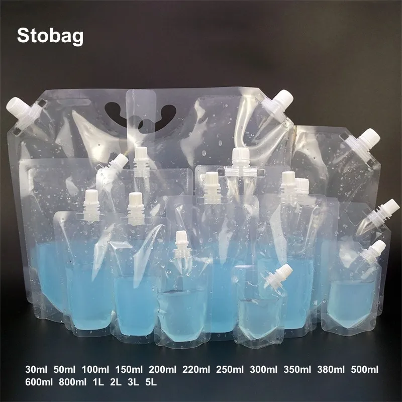 StoBag 50/20pcs Transparent Drink Liquid Package Nozzle Bags for Beer Juice Beverage Storage Sealed Stand Up Reusable Pouches