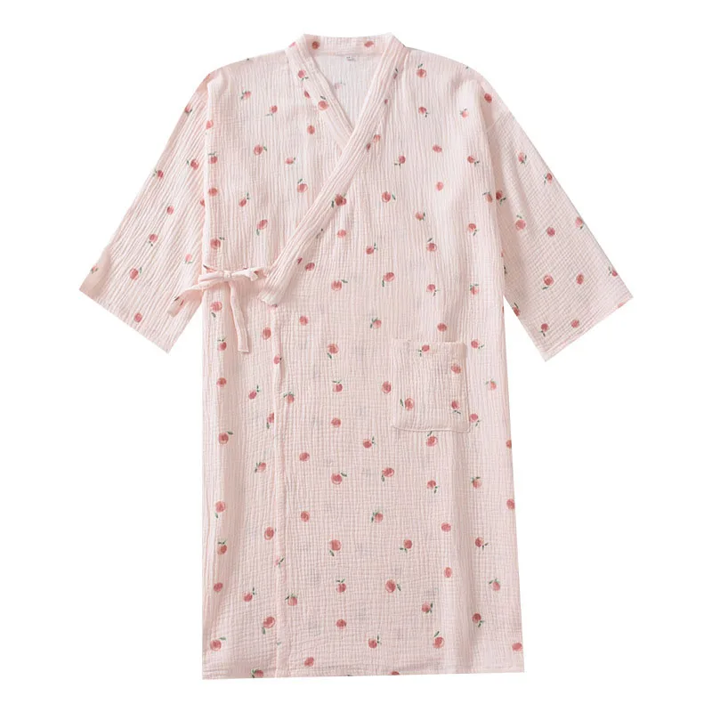 Japanese Kimono Pajama For Women Printed Cotton Crepe Female Home Nightdress Spring Summer New Cardigan Half Sleeved Nightgown