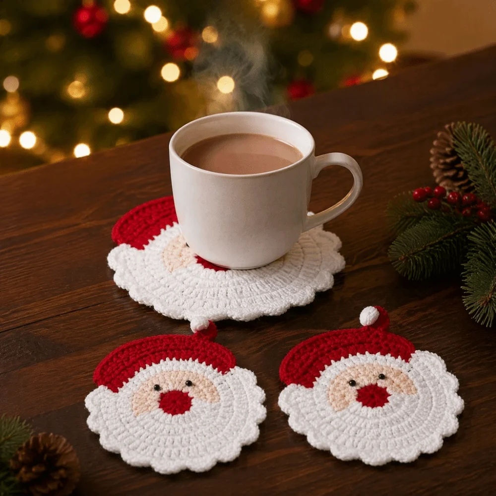 Festive Handmade Santa Claus Coasters Heat Resistant Durable Fabric Drink Trays Creative Cute Knitted Cup Coasters Christmas