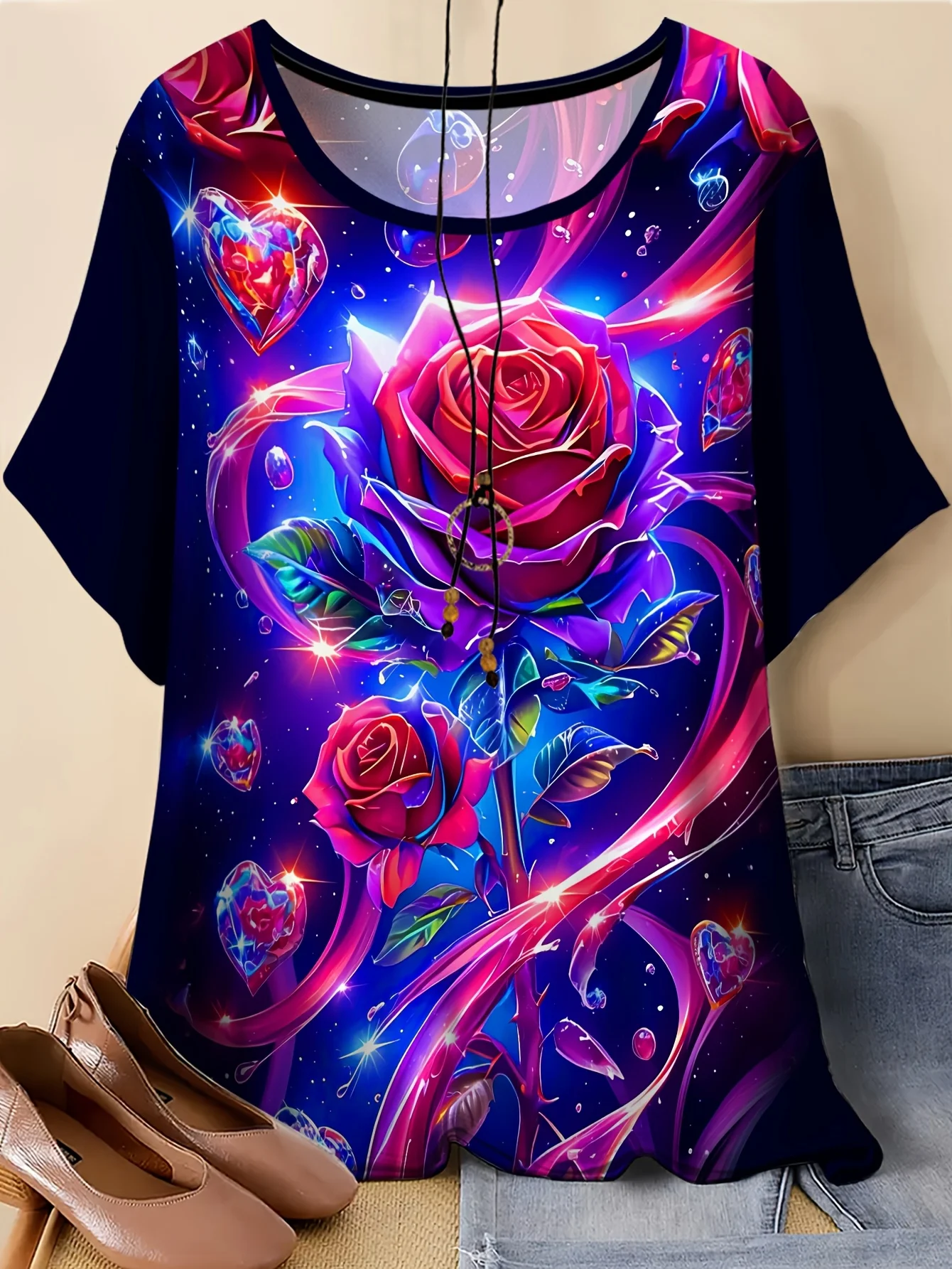 Women Short Sleeve Blouse Glowing Rose Crystal Heart Print Round Neck Loose Casual Colorful Art Summer Tops