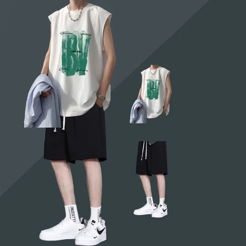 

Men Tank Top Shorts 2 Piece Set Summer Trendy Streetwear Sleeveless Casual Cool Teen Outfit Sportswear New
