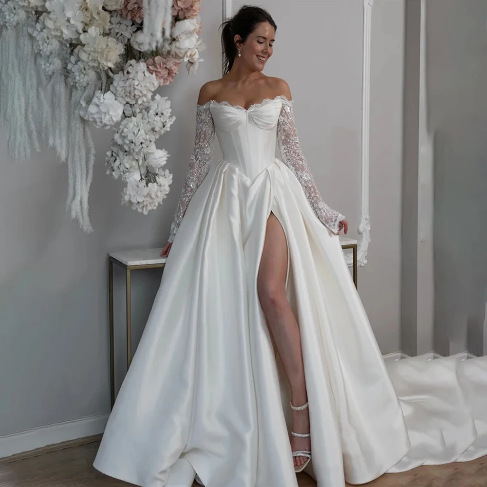 

2026 Wedding Dress Lace Bridal Gown Strapless A-Line Front Slit Bride Dress Elegant Formal Bridal Gowns for Women Wedding Party