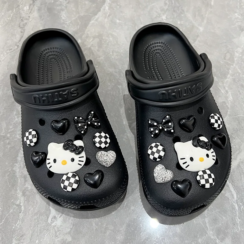 MINISO Hello Kitty Shoe Charms Set Black & White Theme KT Cat Girls Women Sandals Accessories Hole Shoes Slippers Decoration image 2