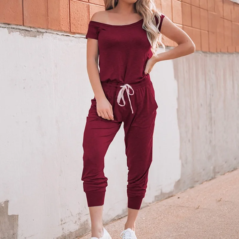 

Jumpsuit Woman Slanted Shoulder Pant Sets Short Sleeved With Athleisure Jumpsuits Long Sleeves for Women Sweatpants Solid Color