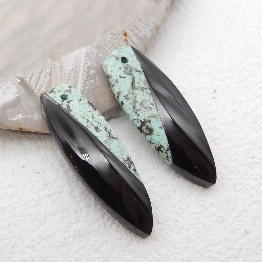 Natural Gemstone African Turquoise and Obsidian Marquise Intarsia Earrings for Women, Gemstone Earrings Beads for Jewelry Making