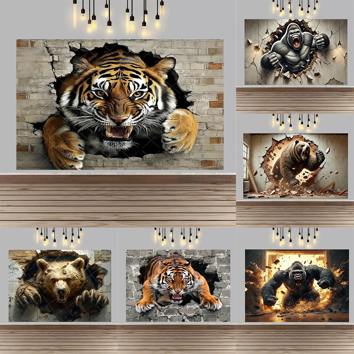 

3D Dynamic Animal Decor Backdrop 3D Jungle Animal Gorilla Brown Bear Tiger Breaking Throughthe Wall Room Party Decor Photo Props